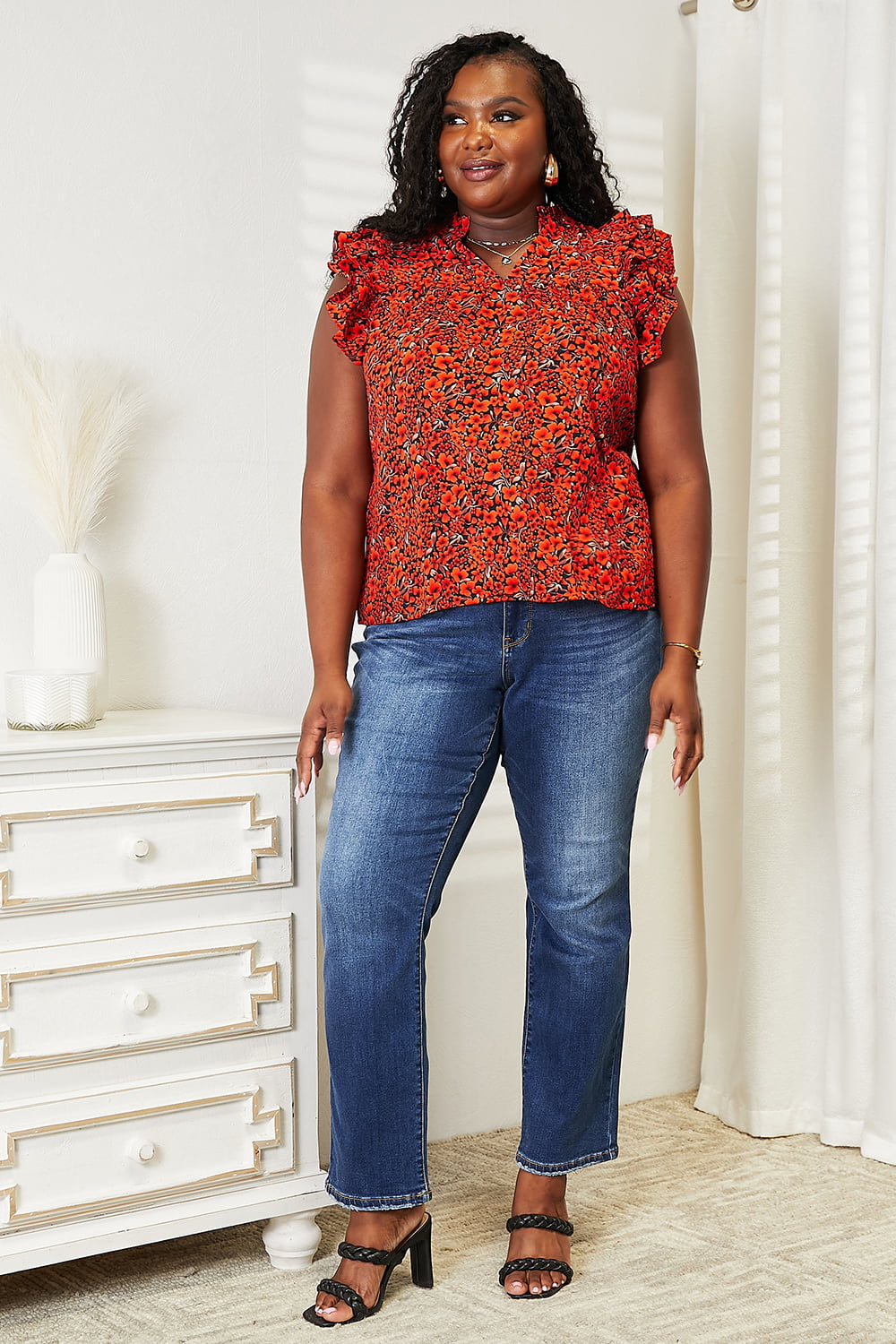 Double Take Floral Flutter Sleeve Notched Neck Blouse - The Sapphire Star