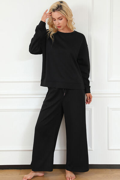 Double Take Full Size Textured Long Sleeve Top and Drawstring Pants Set - The Sapphire Star