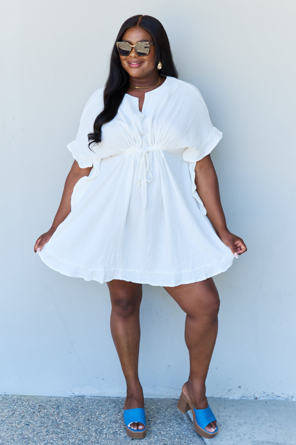 Ninexis Out Of Time Full Size Ruffle Hem Dress with Drawstring Waistband in White - The Sapphire Star