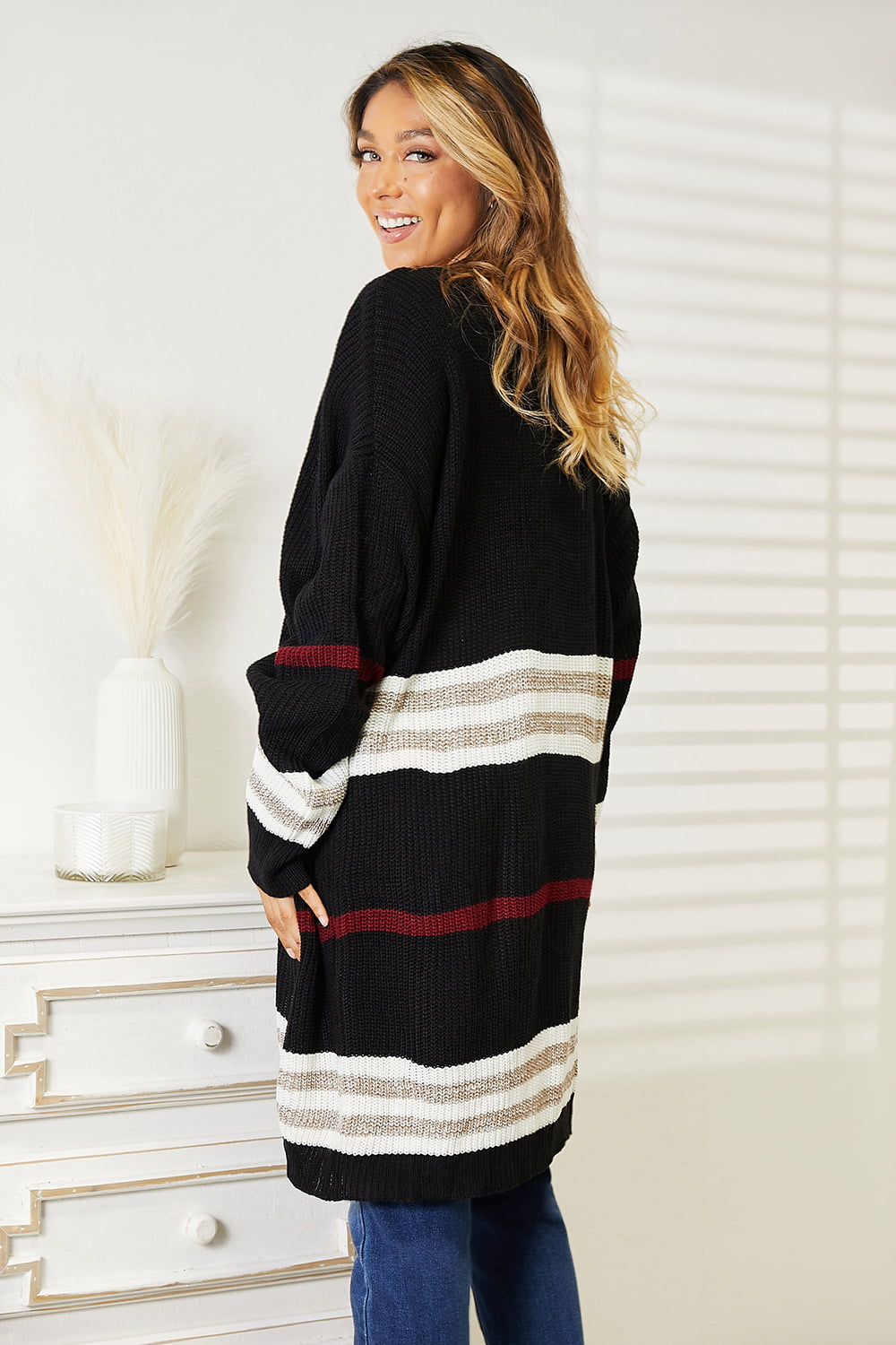 Double Take Striped Rib-Knit Drop Shoulder Open Front Cardigan - The Sapphire Star