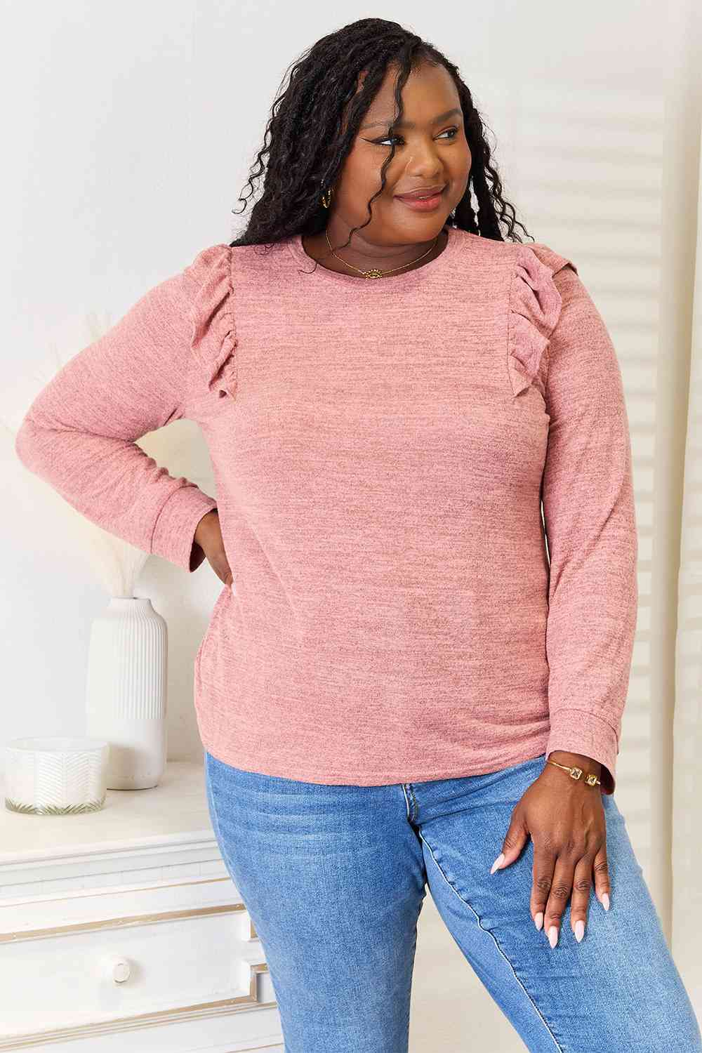 Double Take Ruffle Shoulder Long Sleeve T-Shirt - The Sapphire Star