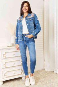 Baeful Leopard Floral Distressed Raw Hem Denim Jacket - The Sapphire Star