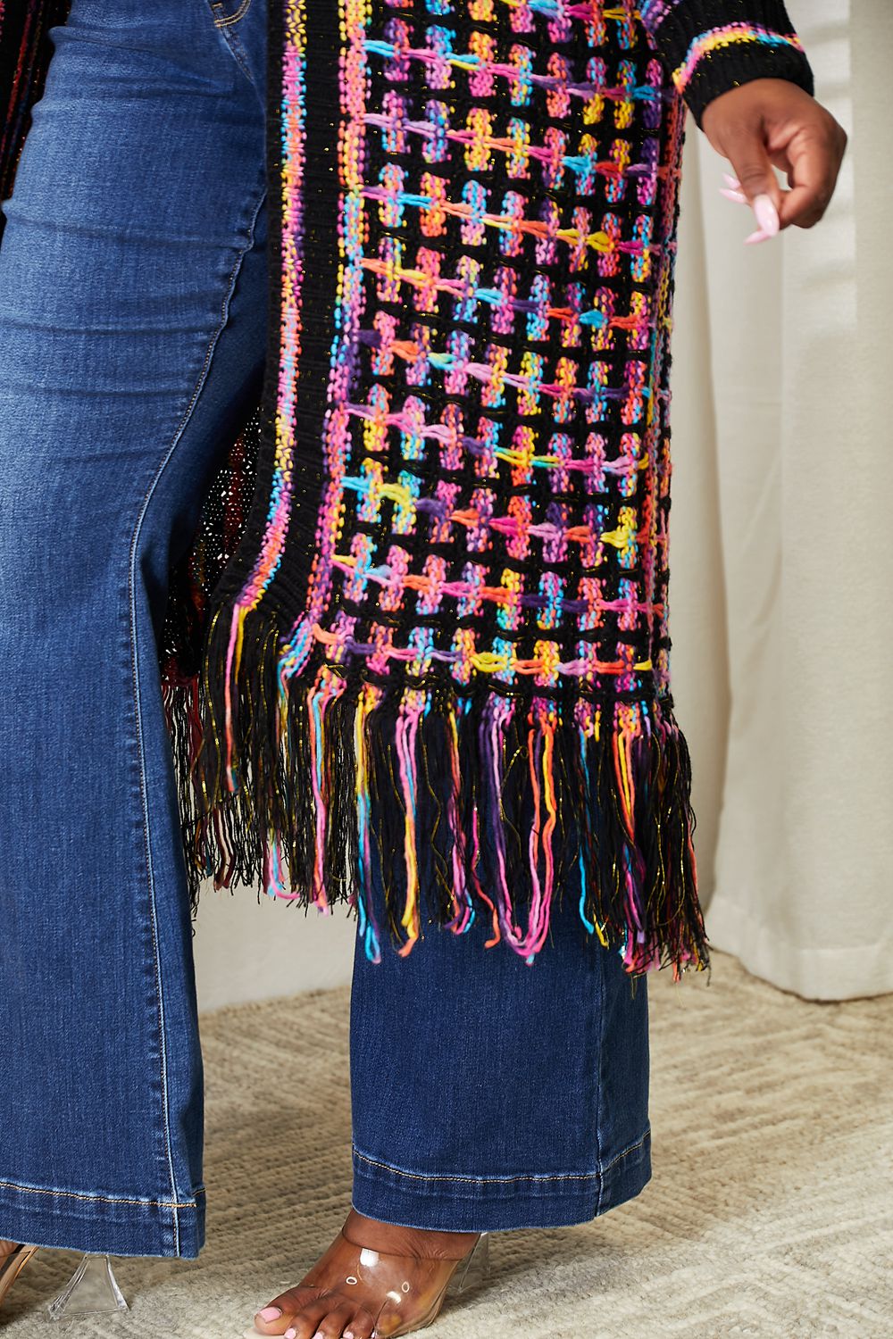 Double Take Full Size Multicolored Open Front Fringe Hem Cardigan - The Sapphire Star