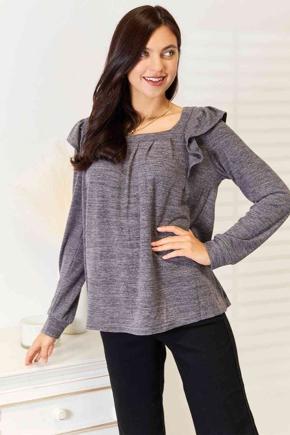 Double Take Square Neck Ruffle Shoulder Long Sleeve T-Shirt - The Sapphire Star