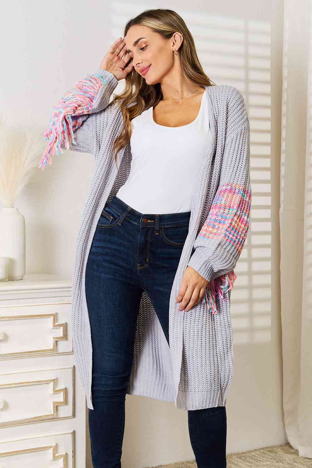 Woven Right Fringe Sleeve Dropped Shoulder Cardigan - The Sapphire Star