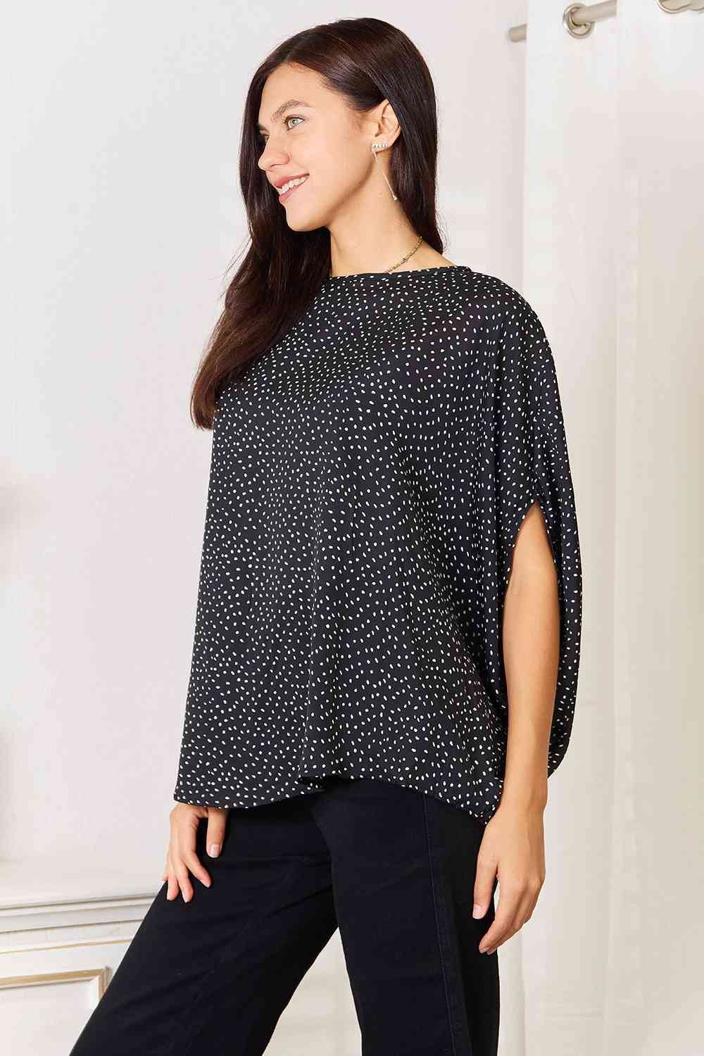 Double Take Printed Dolman Sleeve Round Neck Blouse - The Sapphire Star