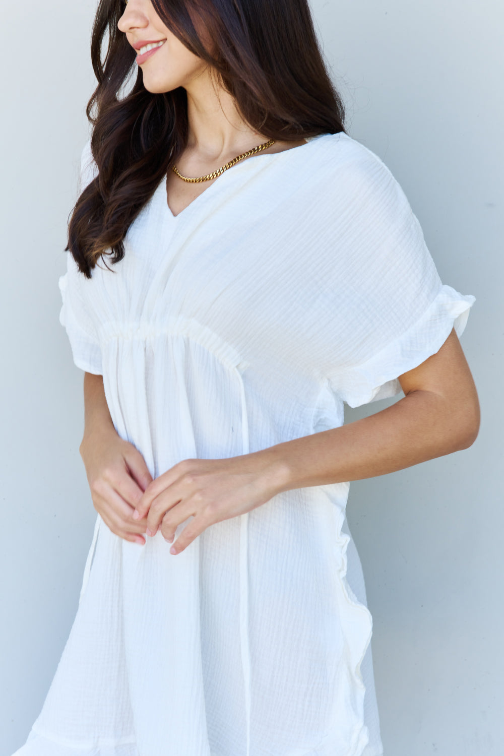 Ninexis Out Of Time Full Size Ruffle Hem Dress with Drawstring Waistband in White - The Sapphire Star