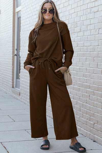 Double Take Full Size Textured Long Sleeve Top and Drawstring Pants Set - The Sapphire Star