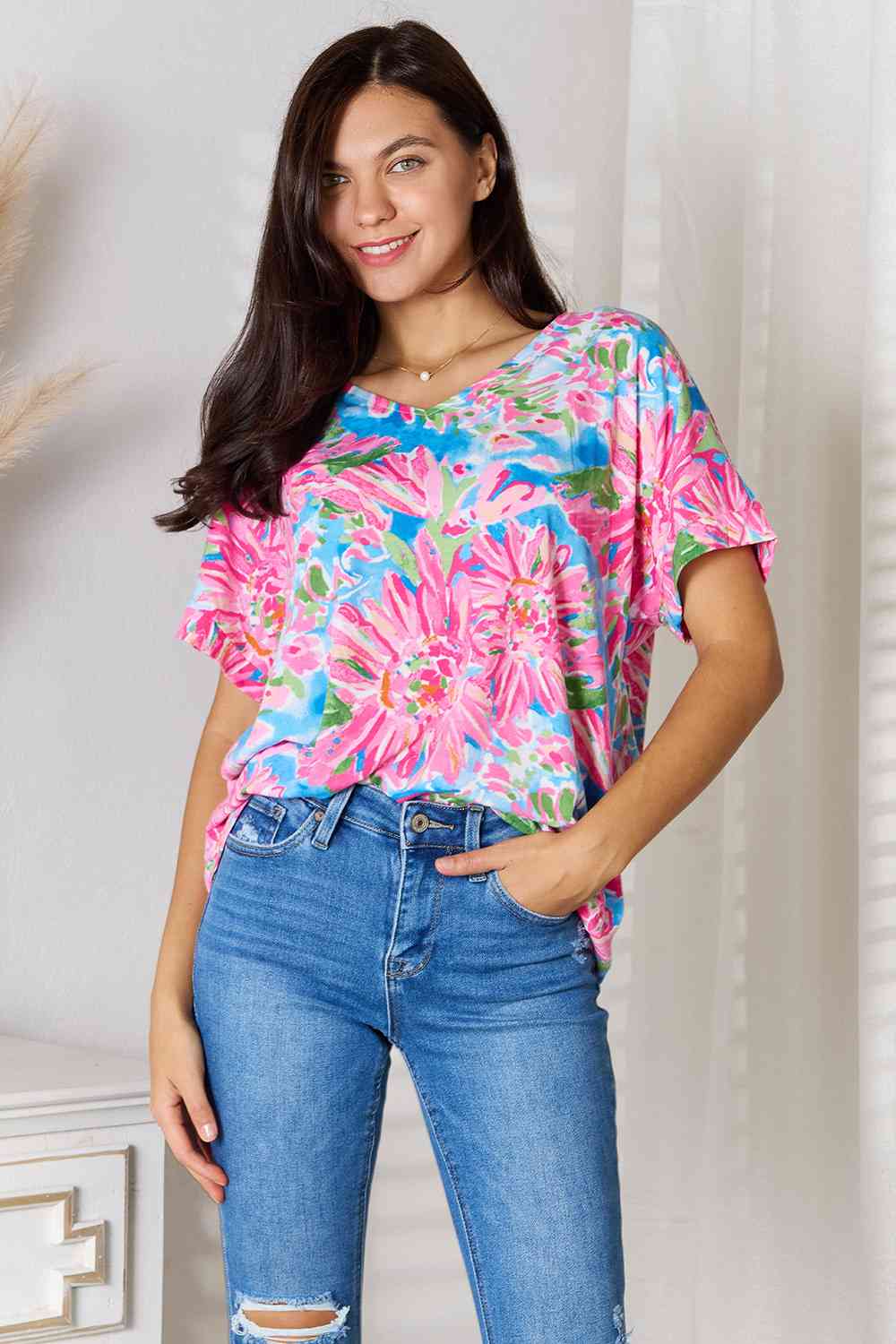 Double Take Floral V-Neck Short Sleeve Blouse - The Sapphire Star