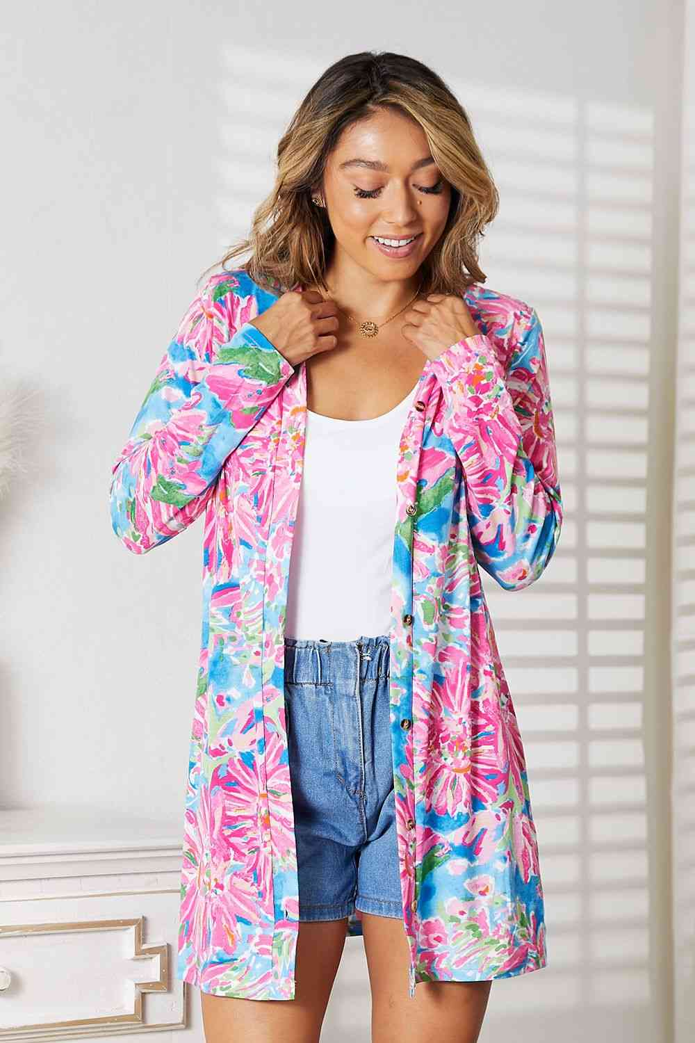 Double Take Floral Open Front Long Sleeve Cardigan - The Sapphire Star