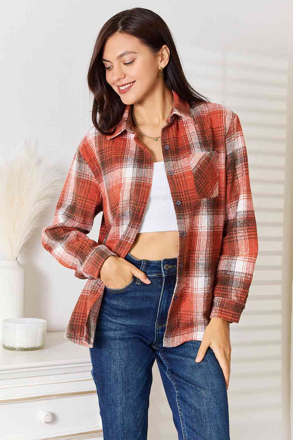 Double Take Plaid Collared Neck Long Sleeve Shirt - The Sapphire Star