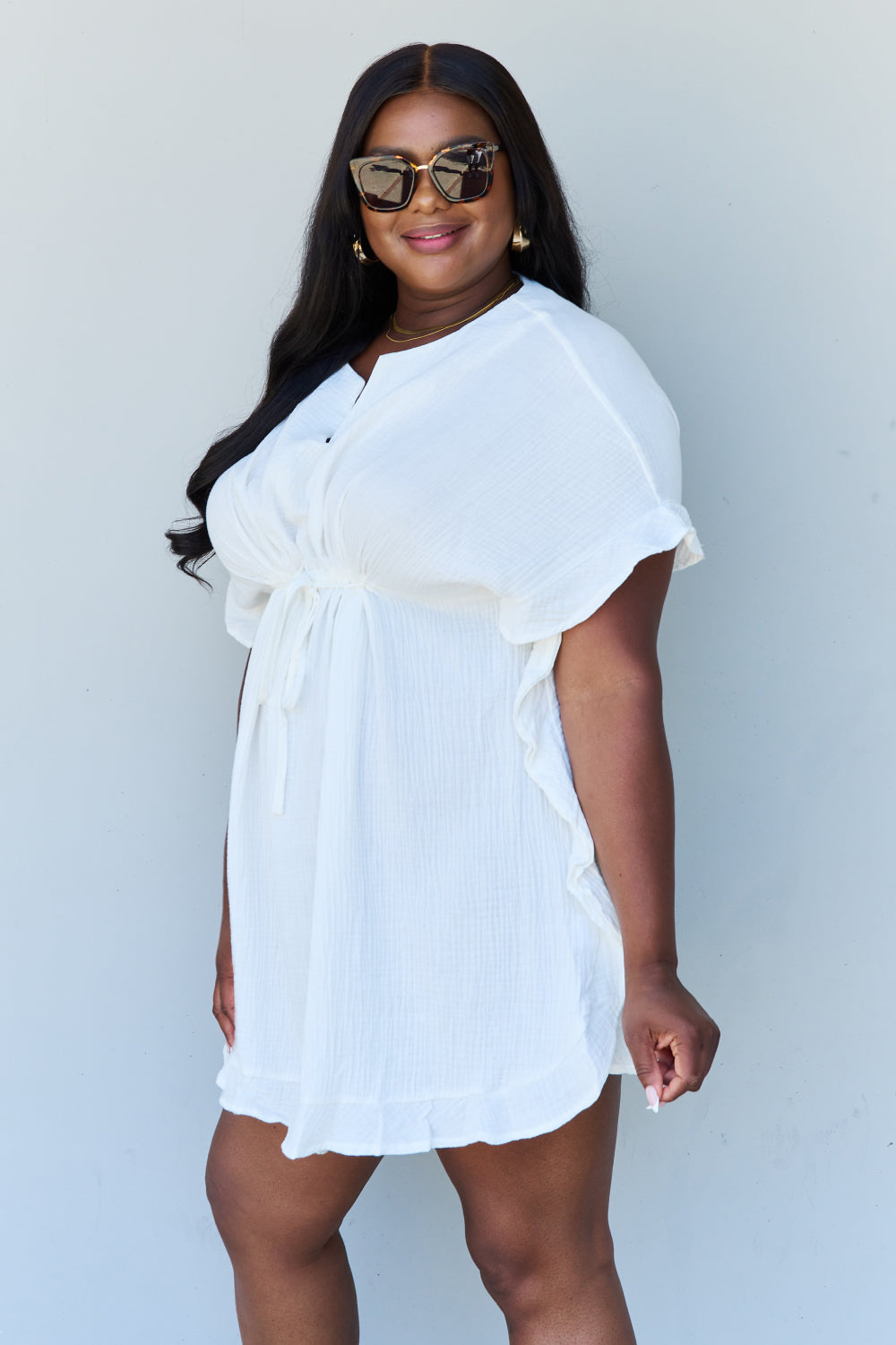 Ninexis Out Of Time Full Size Ruffle Hem Dress with Drawstring Waistband in White - The Sapphire Star