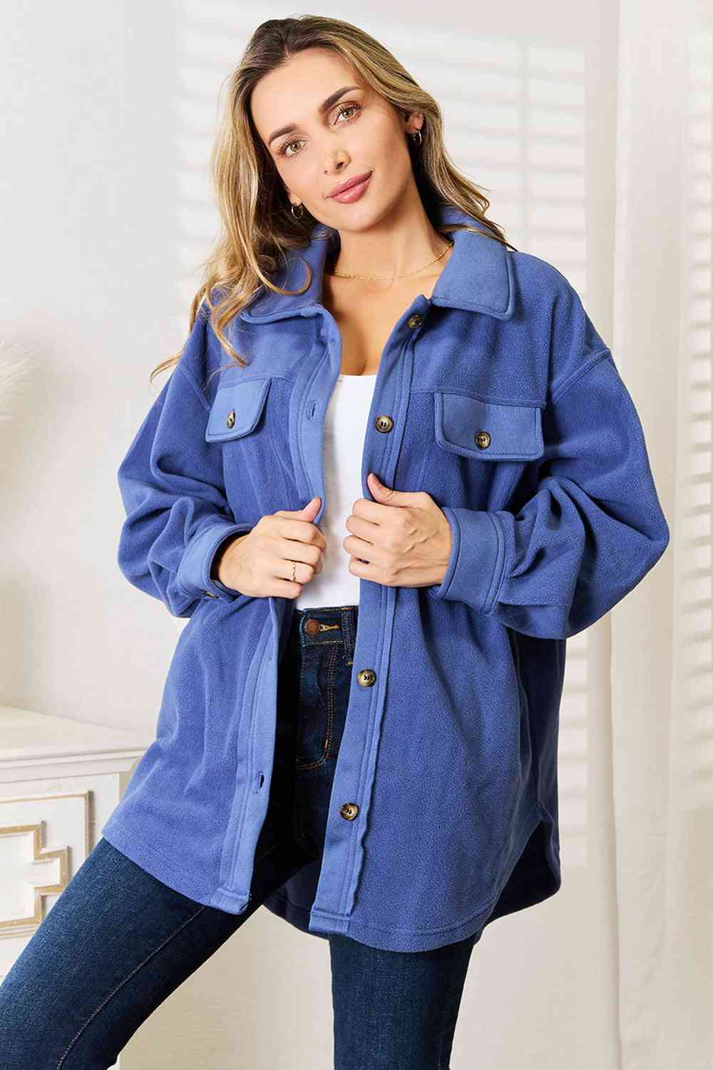 Heimish Cozy Girl Full Size Button Down Shacket - The Sapphire Star