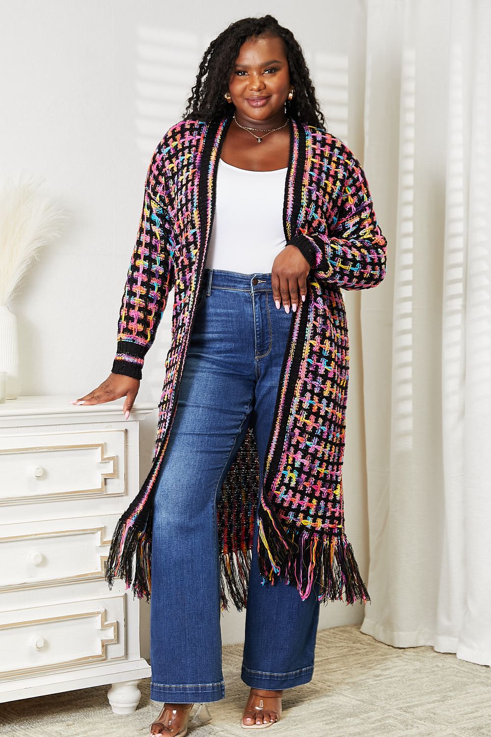 Double Take Full Size Multicolored Open Front Fringe Hem Cardigan - The Sapphire Star