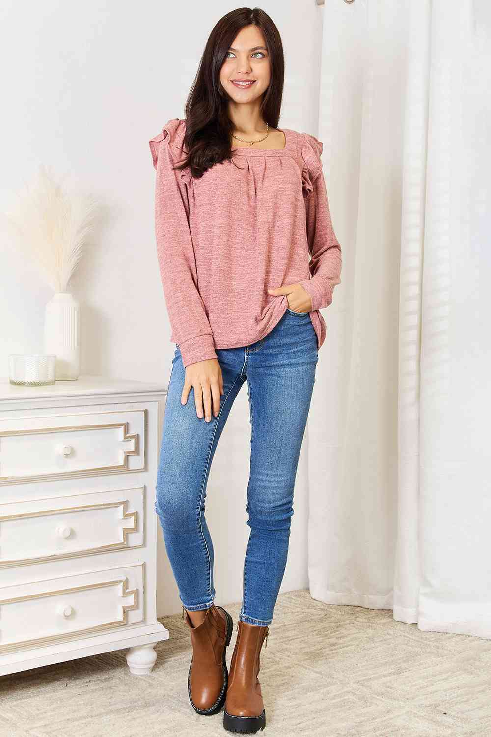 Double Take Square Neck Ruffle Shoulder Long Sleeve T-Shirt - The Sapphire Star