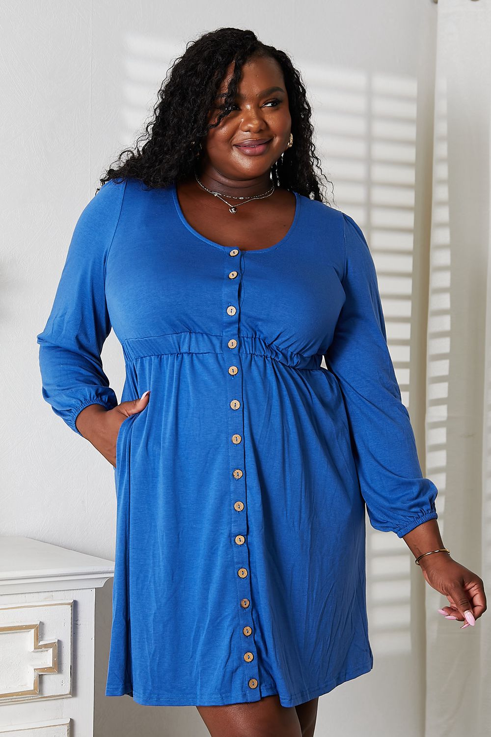 Double Take Scoop Neck Empire Waist Long Sleeve Magic Dress - The Sapphire Star