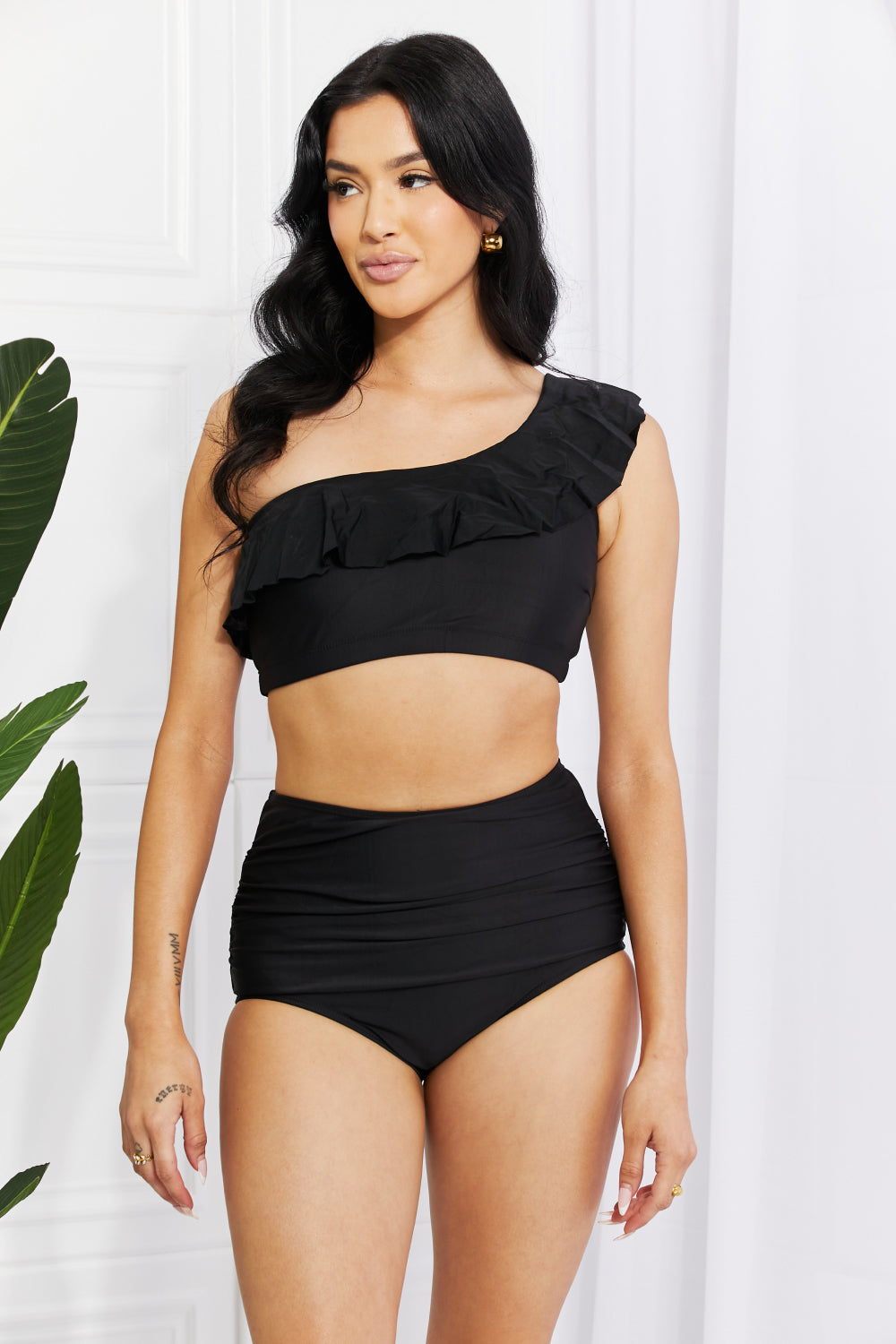 Marina West Swim Seaside Romance Ruffle One-Shoulder Bikini in Black - The Sapphire Star