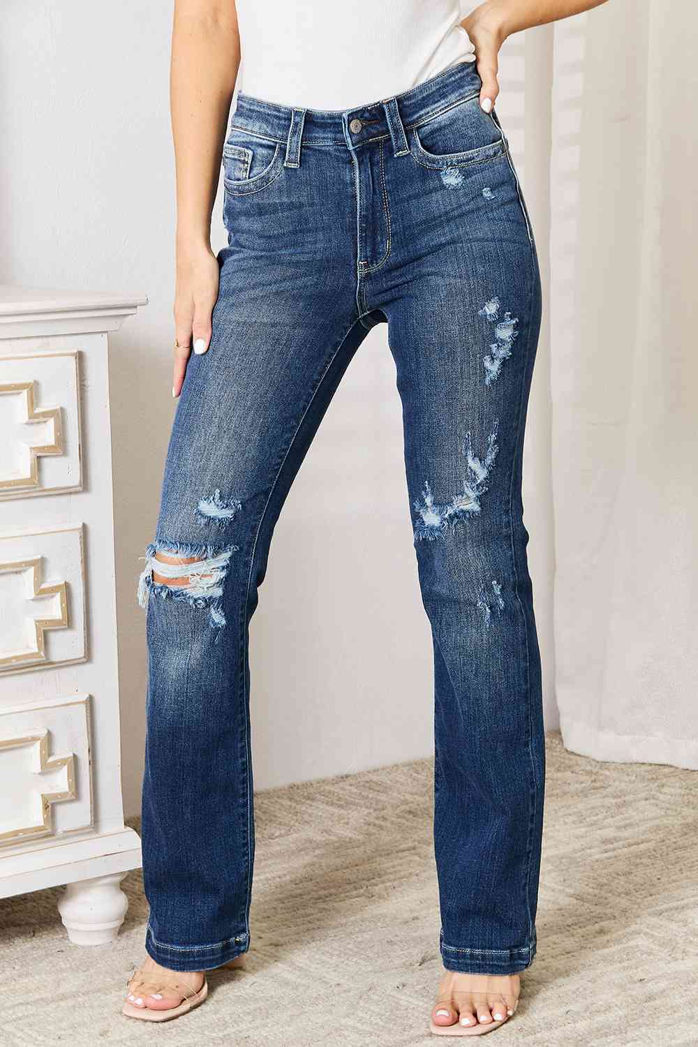 Judy Blue Full Size Mid Rise Hand Sand & Destroy Bootcut Jeans - The Sapphire Star