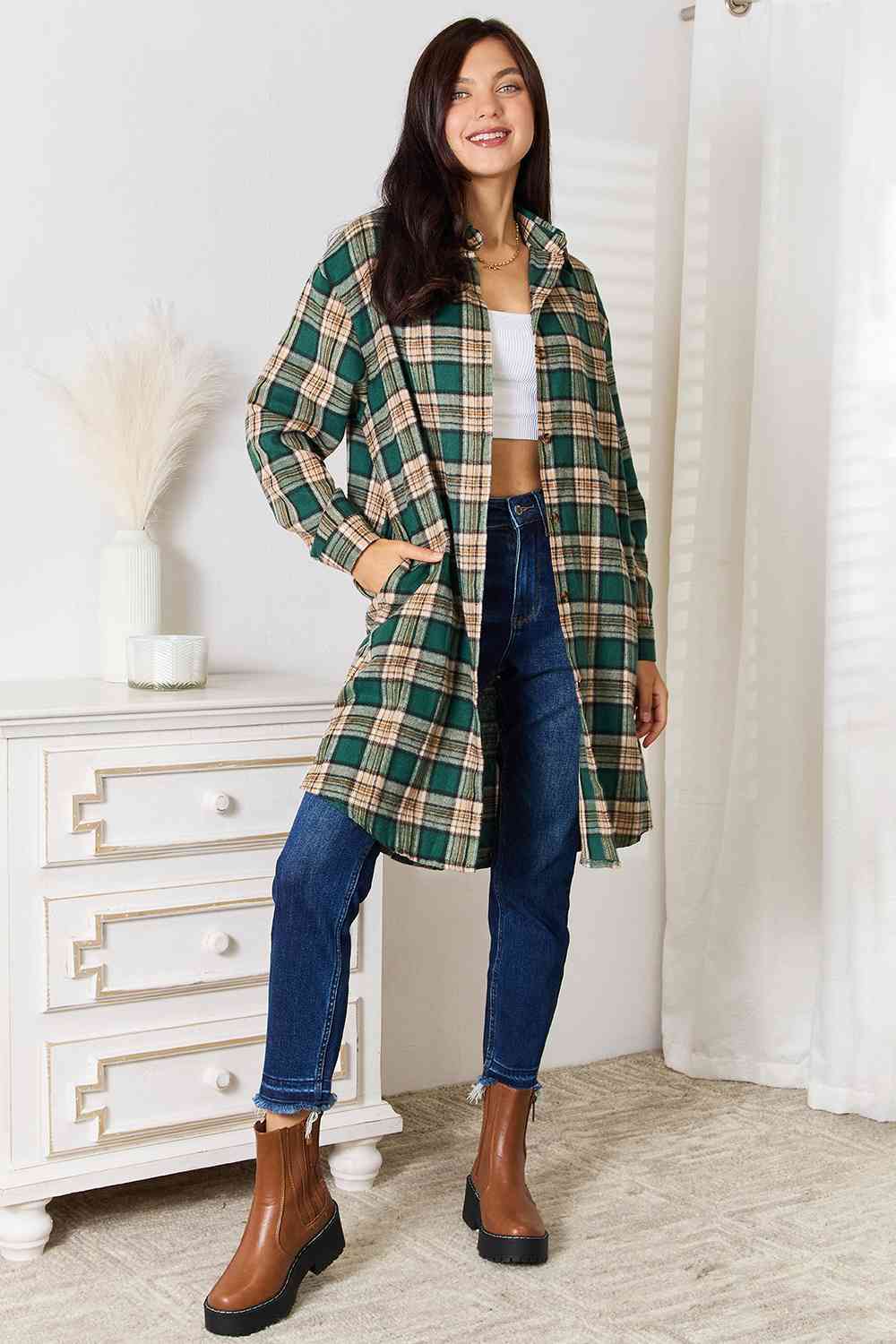 Double Take Plaid Collared Neck Long Sleeve Shirt - The Sapphire Star