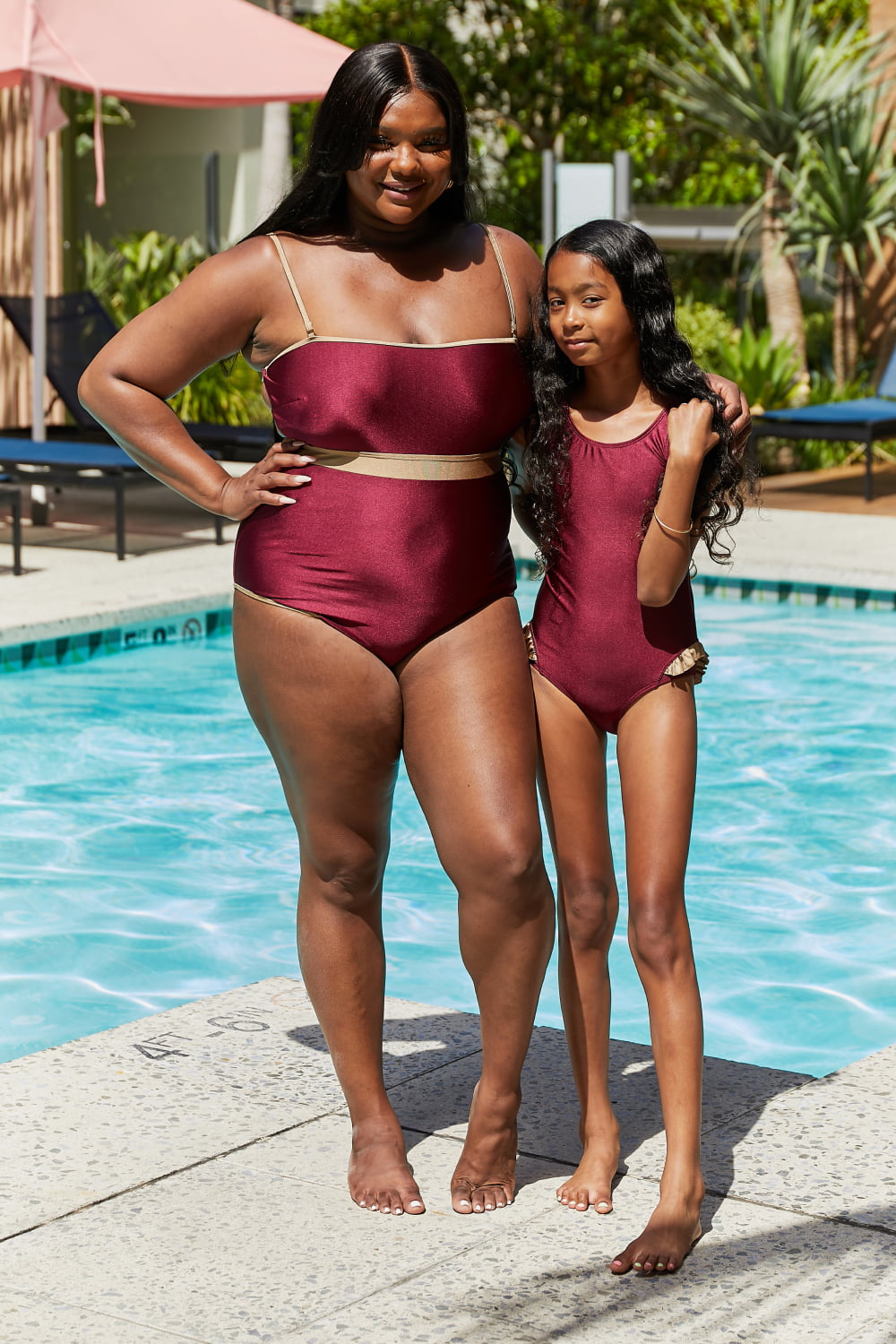 Girl's Marina West Swim Wave Break Contrast Trim One-Piece in Wine - The Sapphire Star