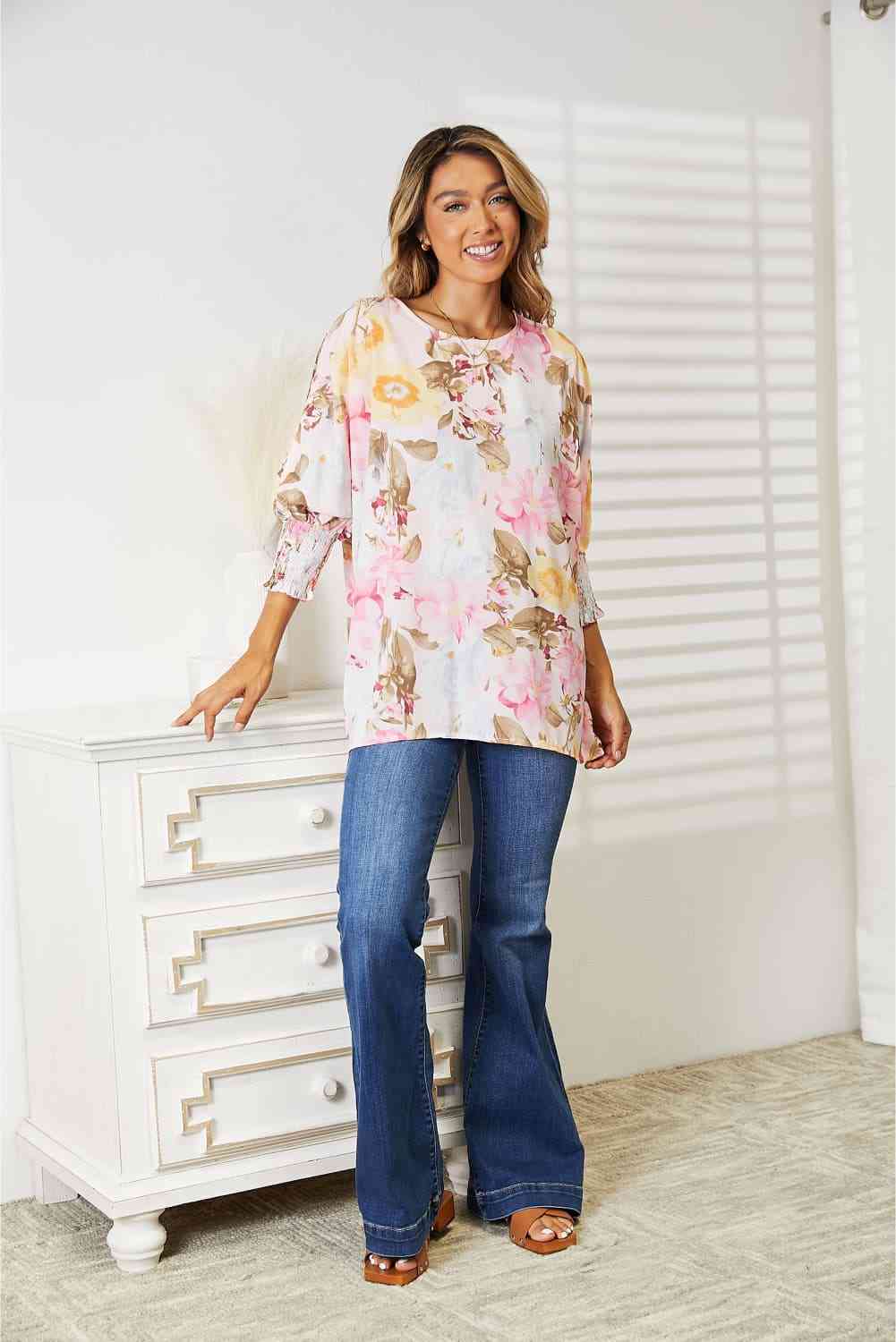 Double Take Floral Round Neck Three-Quarter Sleeve Top - The Sapphire Star