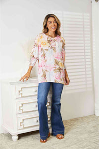 Double Take Floral Round Neck Three-Quarter Sleeve Top - The Sapphire Star