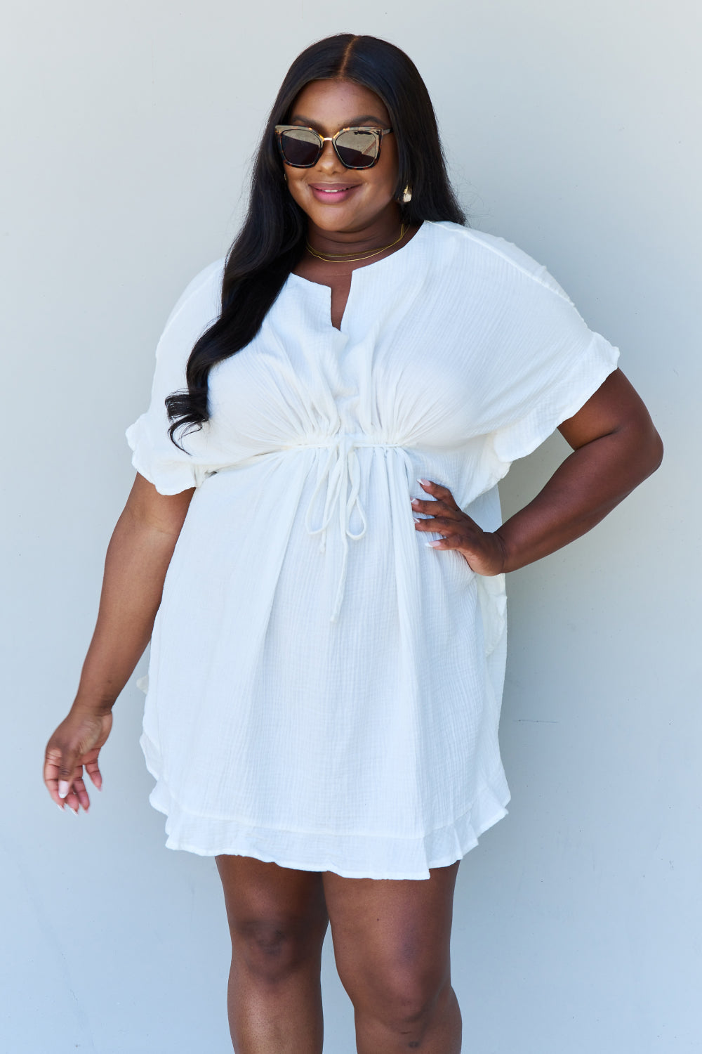 Ninexis Out Of Time Full Size Ruffle Hem Dress with Drawstring Waistband in White - The Sapphire Star