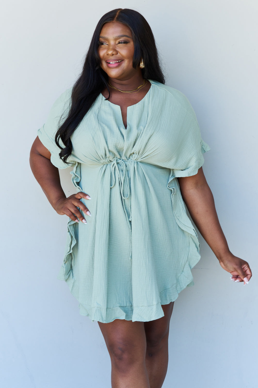 Ninexis Out Of Time Full Size Ruffle Hem Dress with Drawstring Waistband in Light Sage - The Sapphire Star