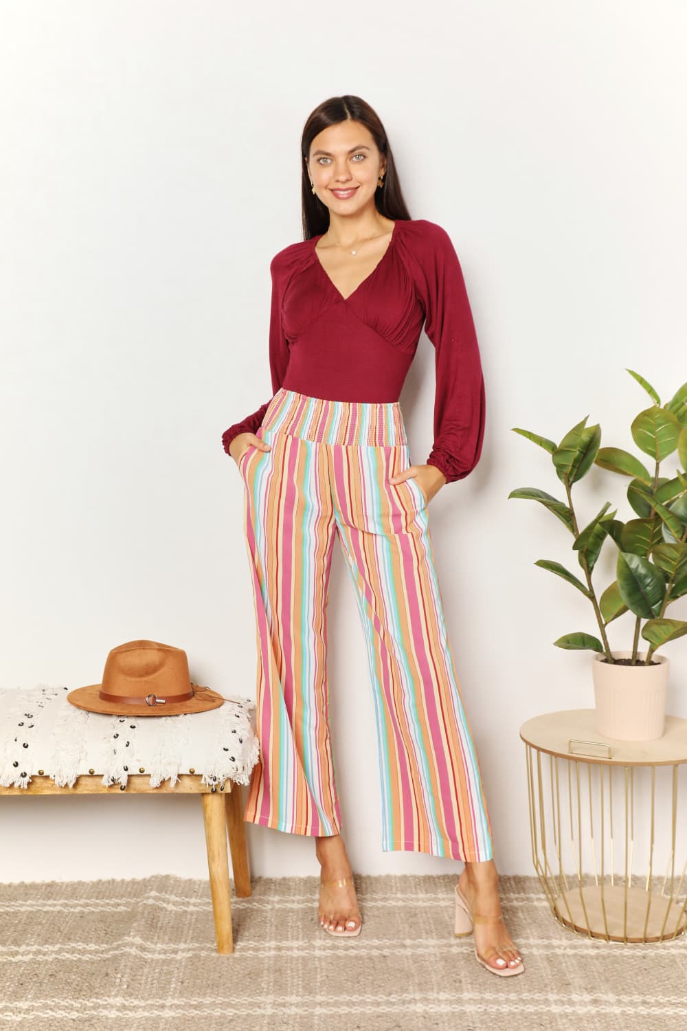 Double Take Striped Smocked Waist Pants with Pockets - The Sapphire Star