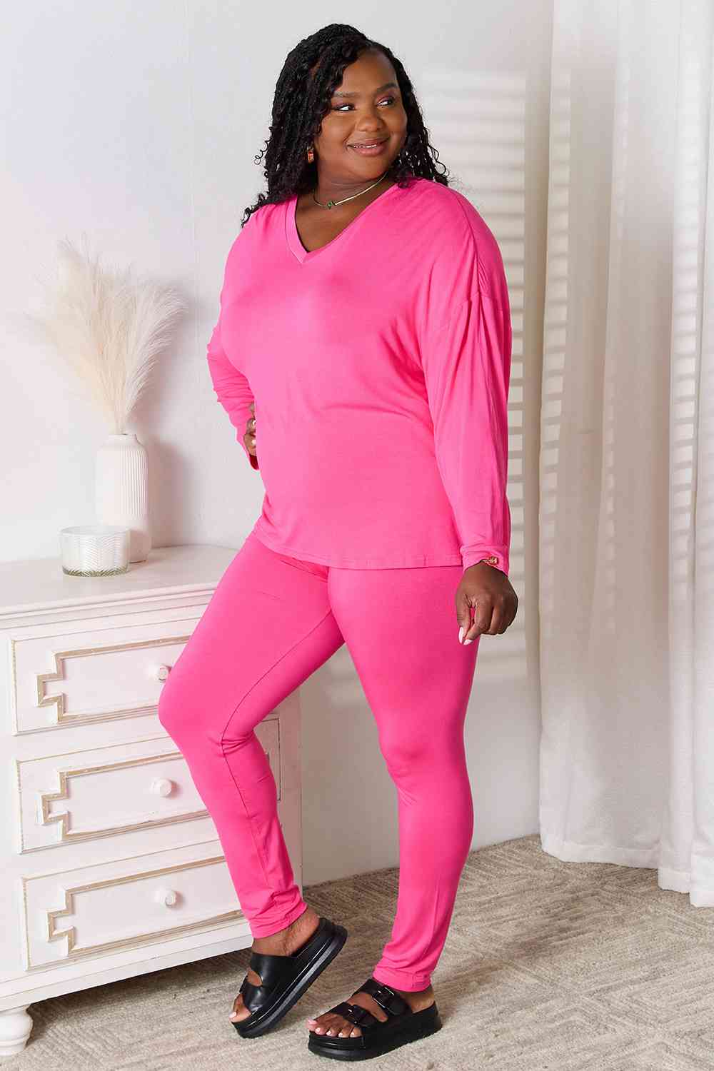 Basic Bae Full Size V-Neck Soft Rayon Long Sleeve Top and Pants Lounge Set - The Sapphire Star