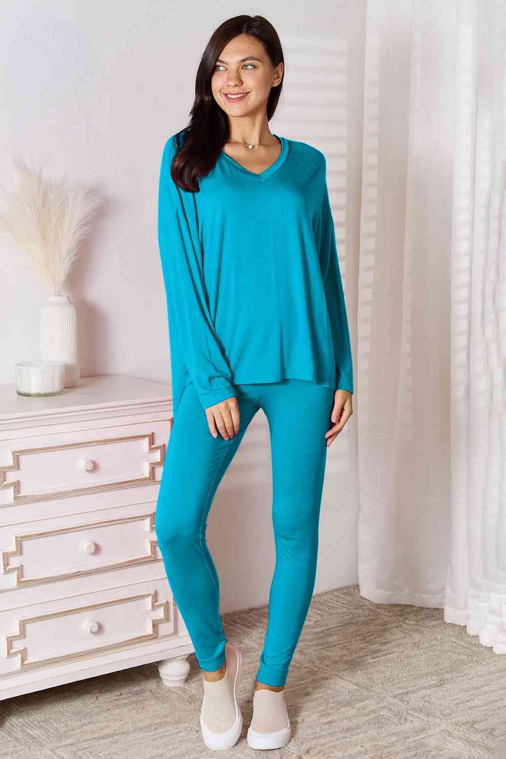 Basic Bae Full Size V-Neck Soft Rayon Long Sleeve Top and Pants Lounge Set - The Sapphire Star