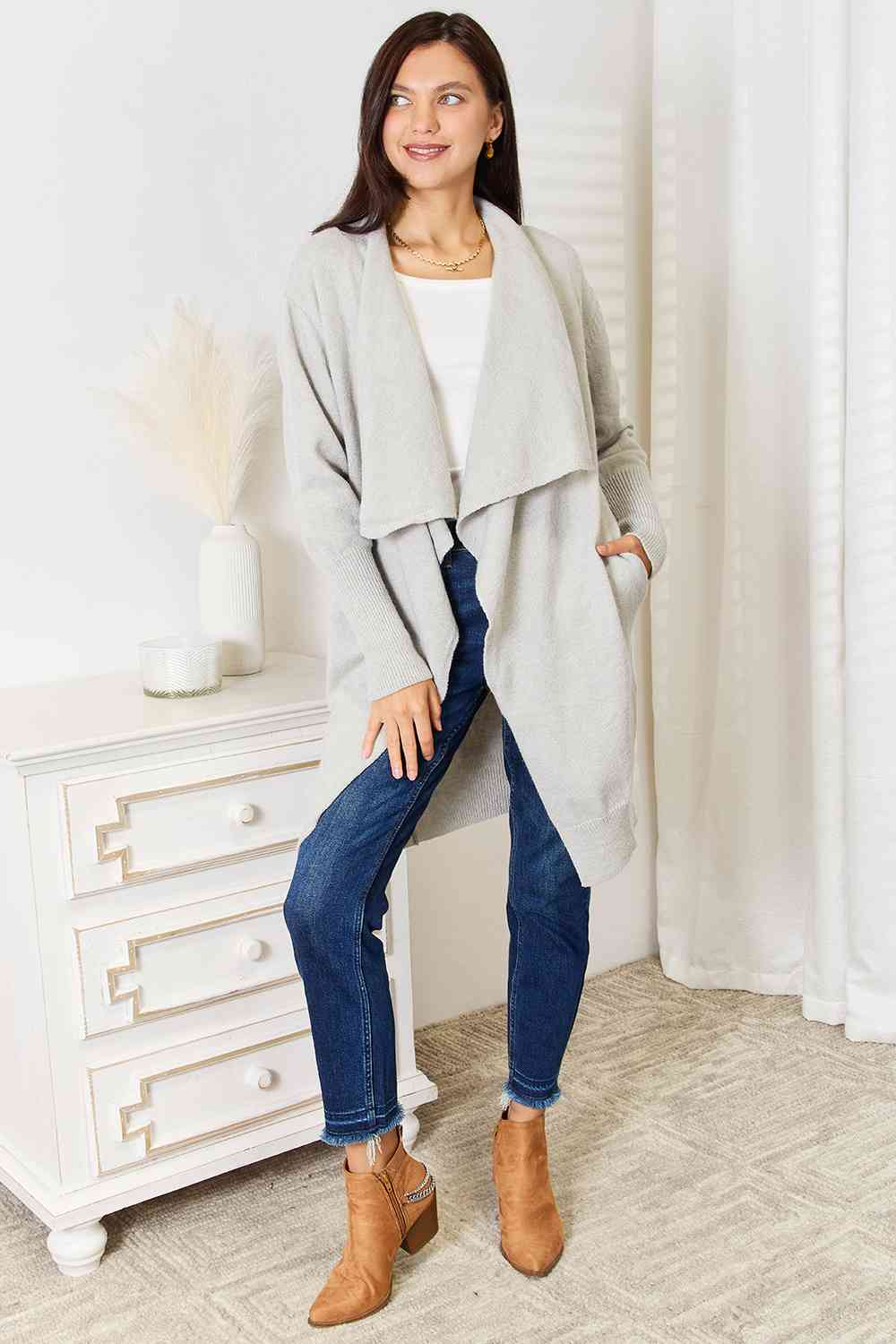 Double Take Open Front Duster Cardigan with Pockets - The Sapphire Star