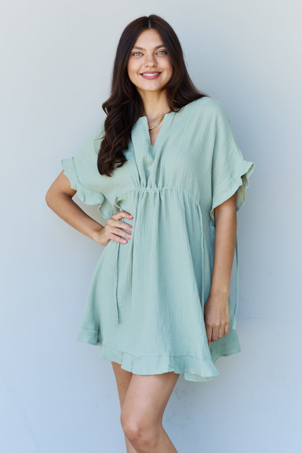 Ninexis Out Of Time Full Size Ruffle Hem Dress with Drawstring Waistband in Light Sage - The Sapphire Star