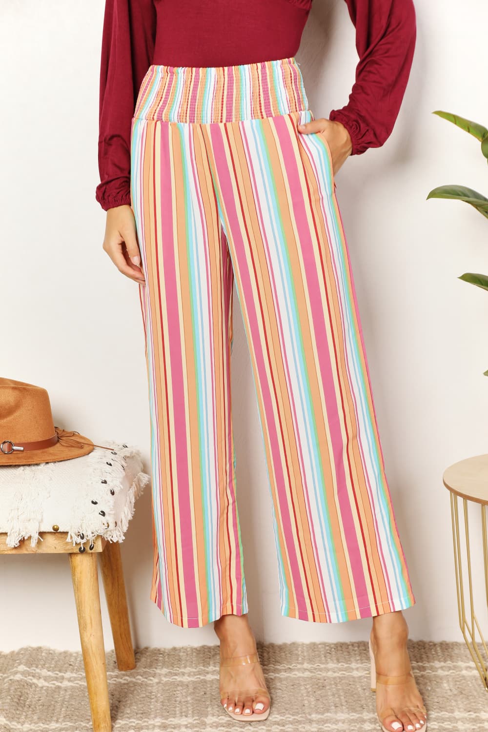 Double Take Striped Smocked Waist Pants with Pockets - The Sapphire Star