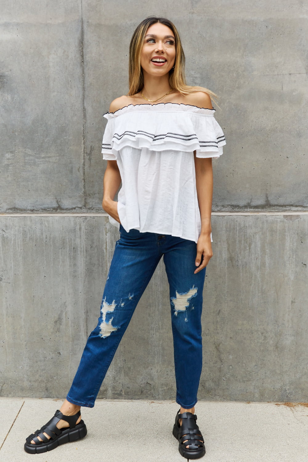 ODDI Full Size Off The Shoulder Ruffle Blouse - The Sapphire Star