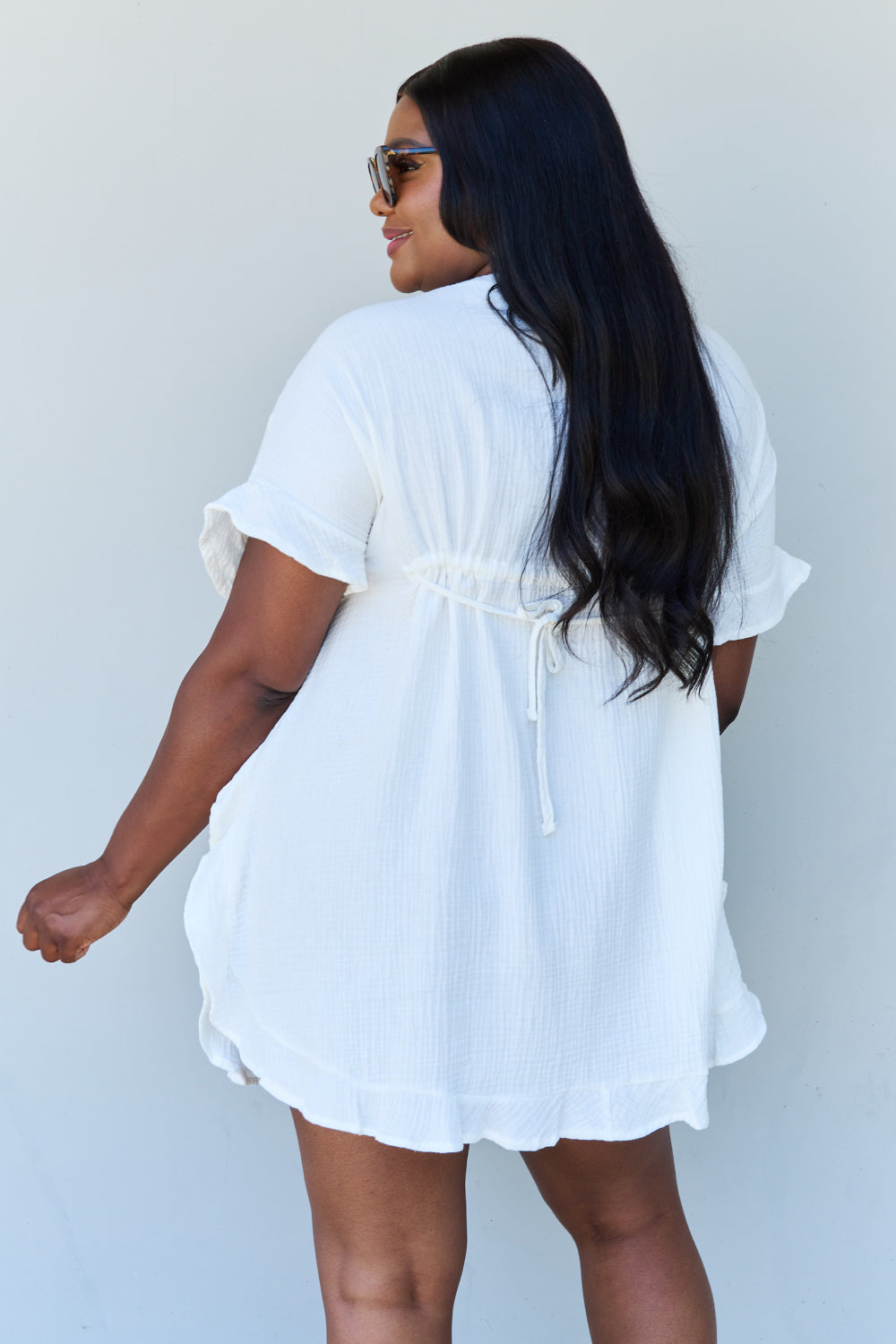 Ninexis Out Of Time Full Size Ruffle Hem Dress with Drawstring Waistband in White - The Sapphire Star