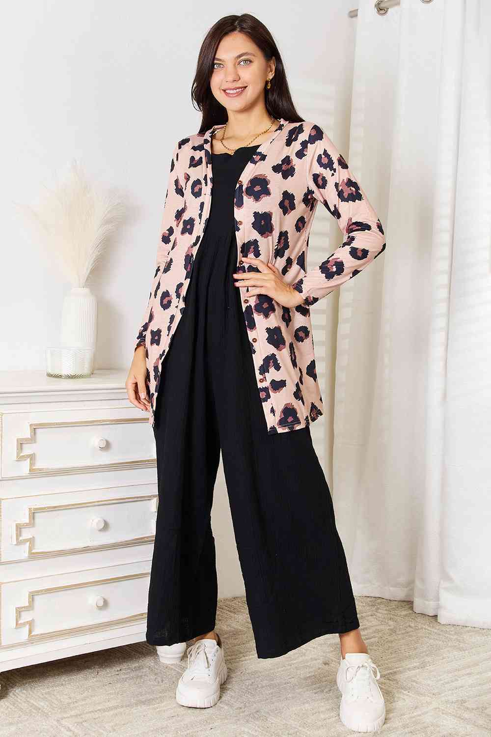 Double Take Printed Button Front Longline Cardigan - The Sapphire Star