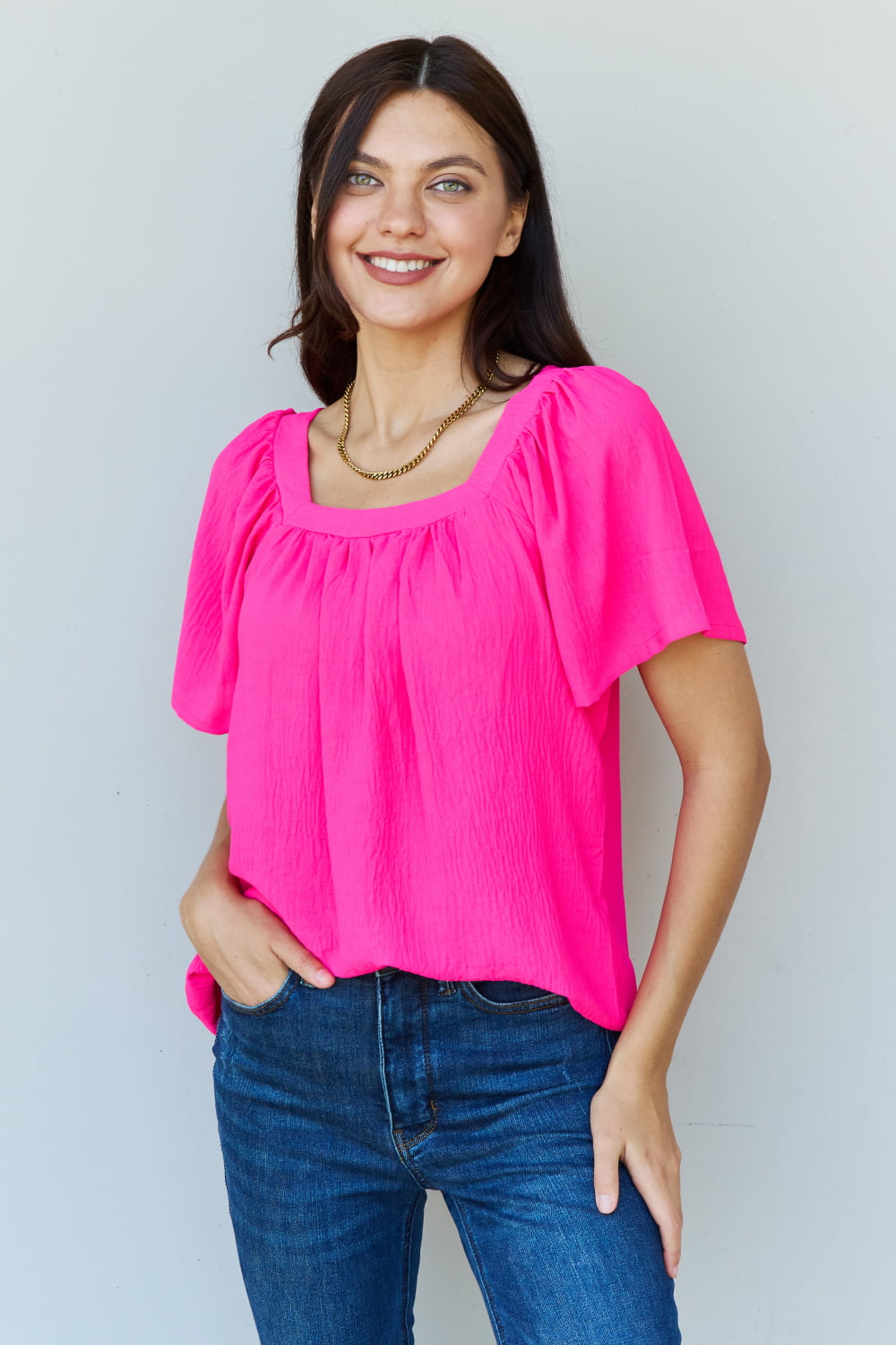 Ninexis Keep Me Close Square Neck Short Sleeve Blouse in Fuchsia - The Sapphire Star