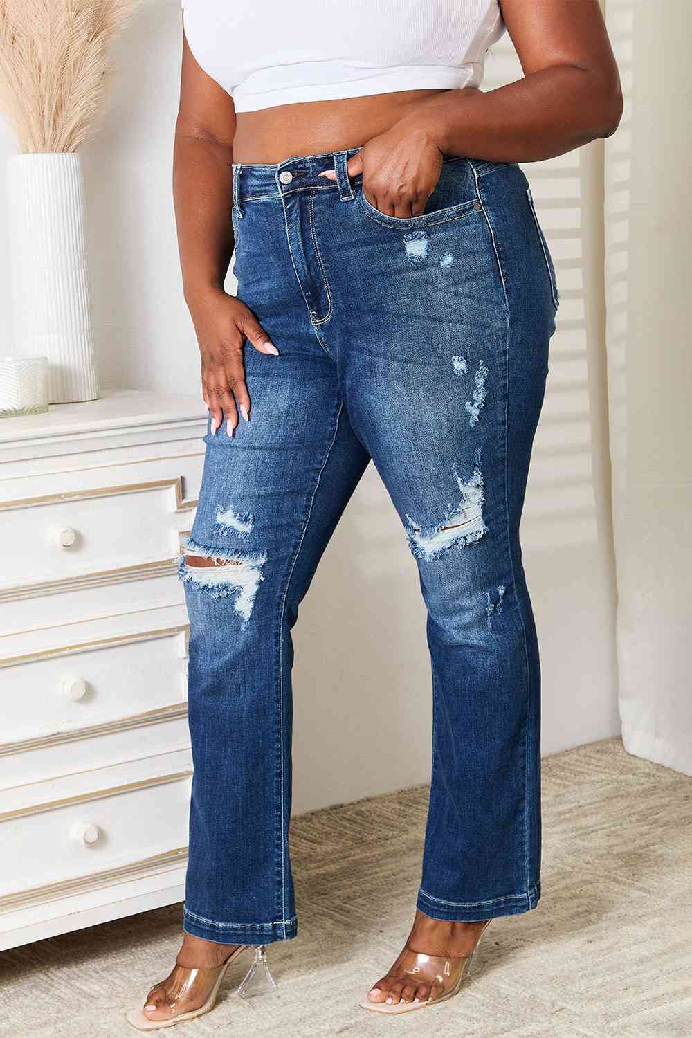 Judy Blue Full Size Mid Rise Hand Sand & Destroy Bootcut Jeans - The Sapphire Star