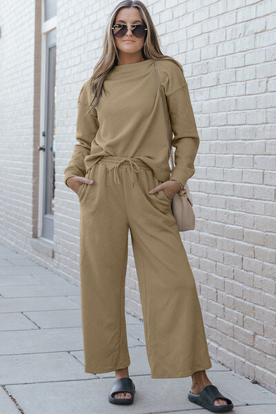 Double Take Full Size Textured Long Sleeve Top and Drawstring Pants Set - The Sapphire Star