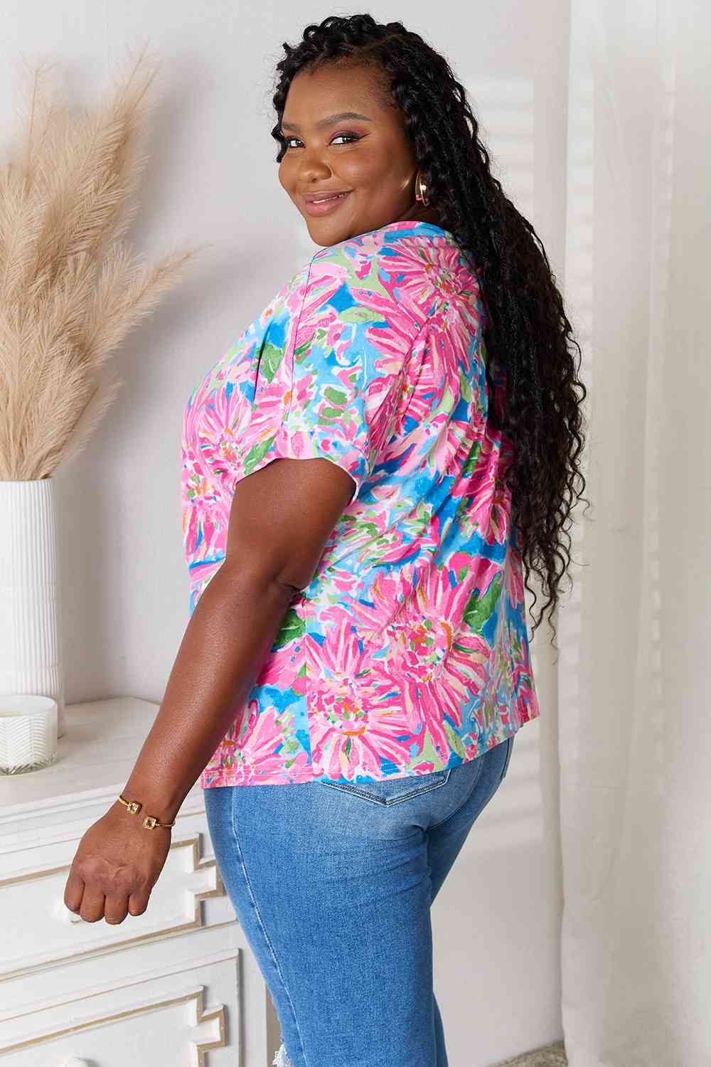 Double Take Floral V-Neck Short Sleeve Blouse - The Sapphire Star