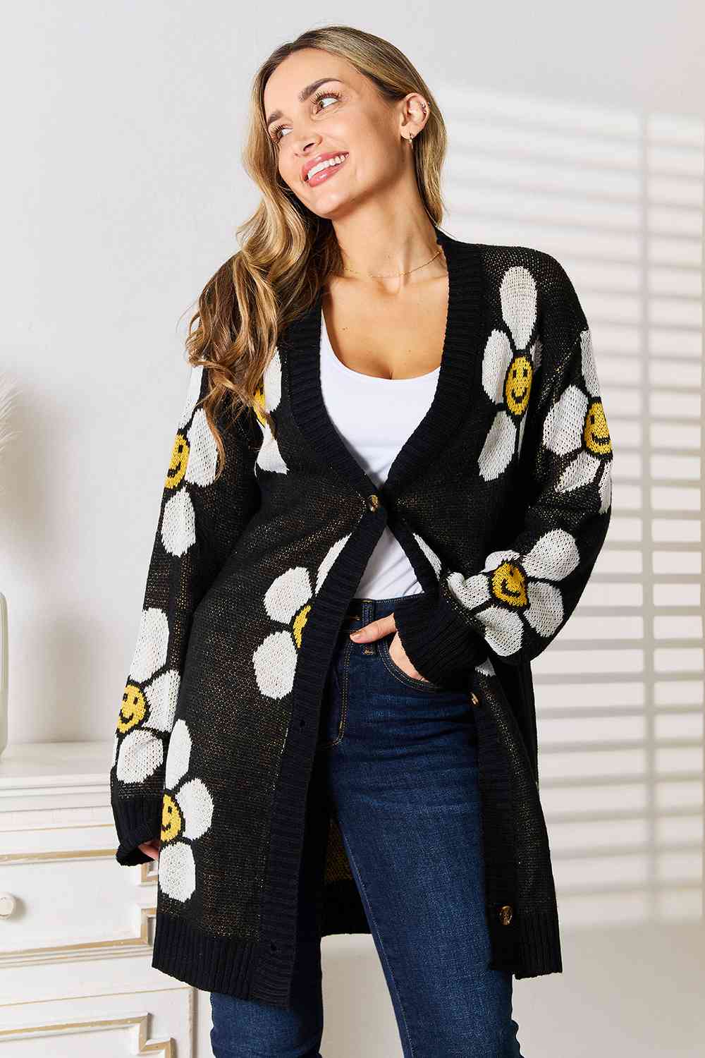 Double Take Floral Button Down Longline Cardigan - The Sapphire Star