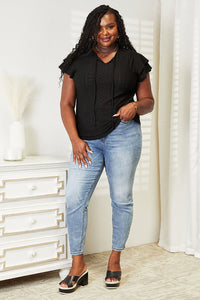 Double Take Eyelet Tie-Neck Flutter Sleeve Blouse - The Sapphire Star