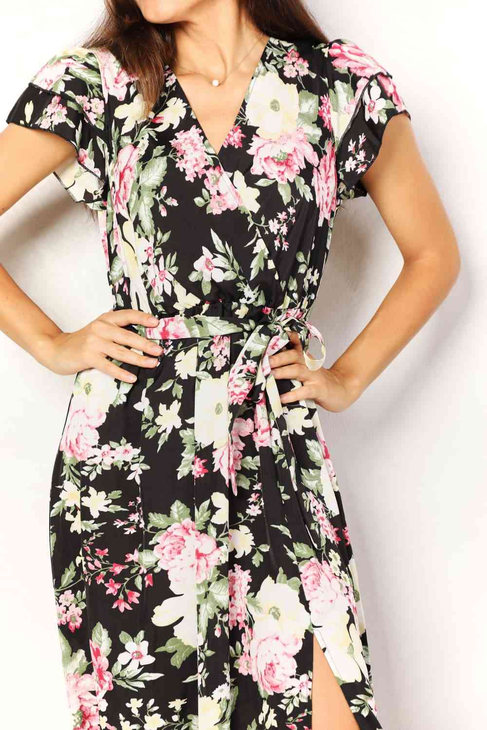 Double Take Floral Flutter Sleeve Tie-Waist Split Dress - The Sapphire Star