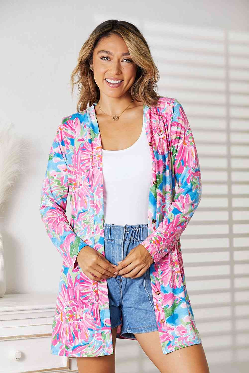 Double Take Floral Open Front Long Sleeve Cardigan - The Sapphire Star