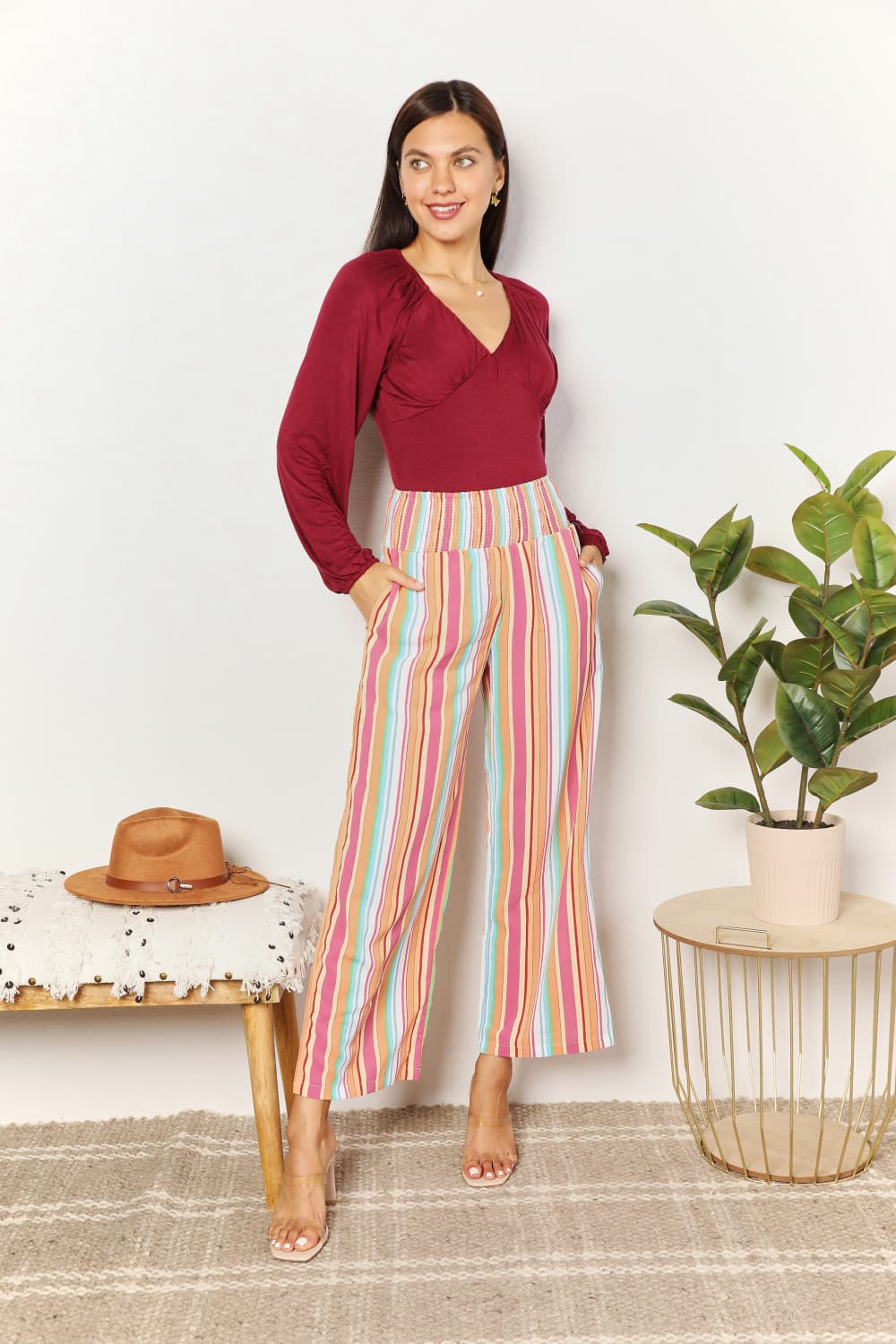 Double Take Striped Smocked Waist Pants with Pockets - The Sapphire Star