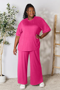 Double Take Full Size Round Neck Slit Top and Pants Set - The Sapphire Star