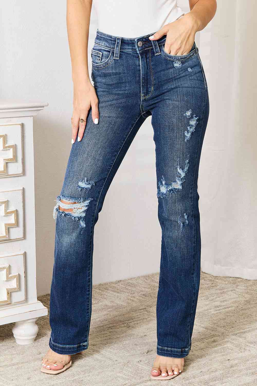 Judy Blue Full Size Mid Rise Hand Sand & Destroy Bootcut Jeans - The Sapphire Star