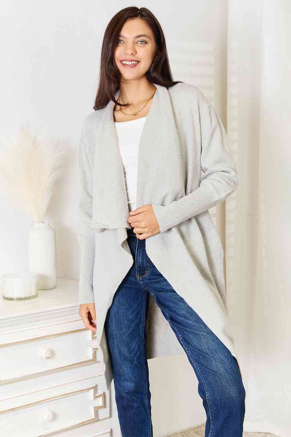 Double Take Open Front Duster Cardigan with Pockets - The Sapphire Star