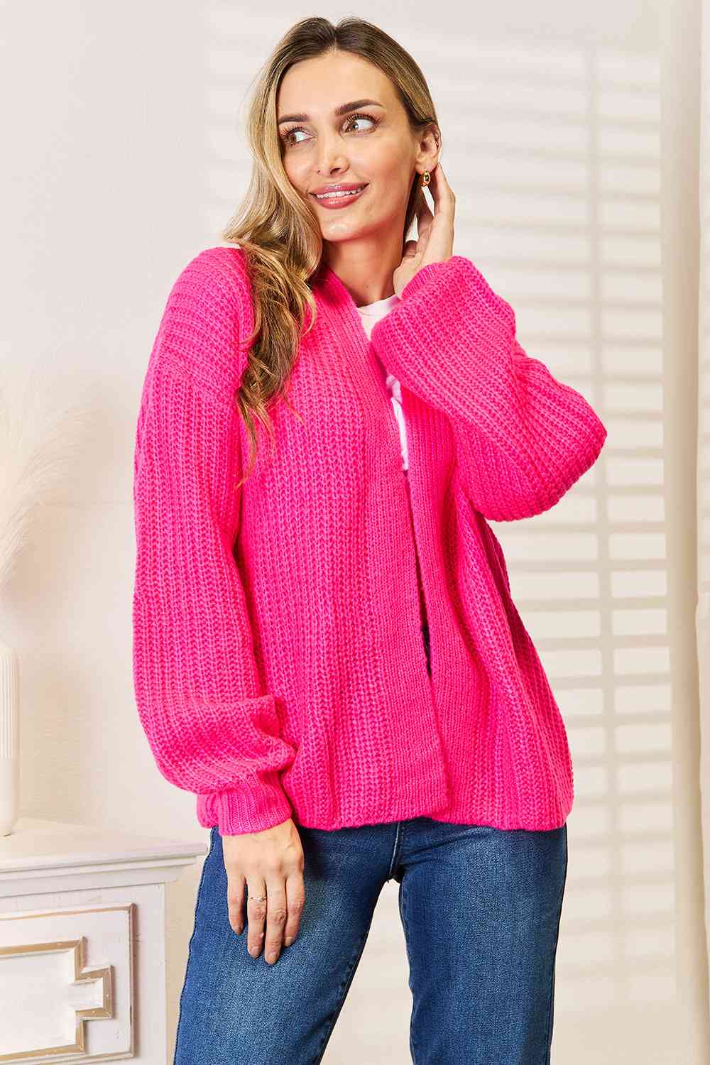 Woven Right Rib-Knit Open Front Drop Shoulder Cardigan - The Sapphire Star